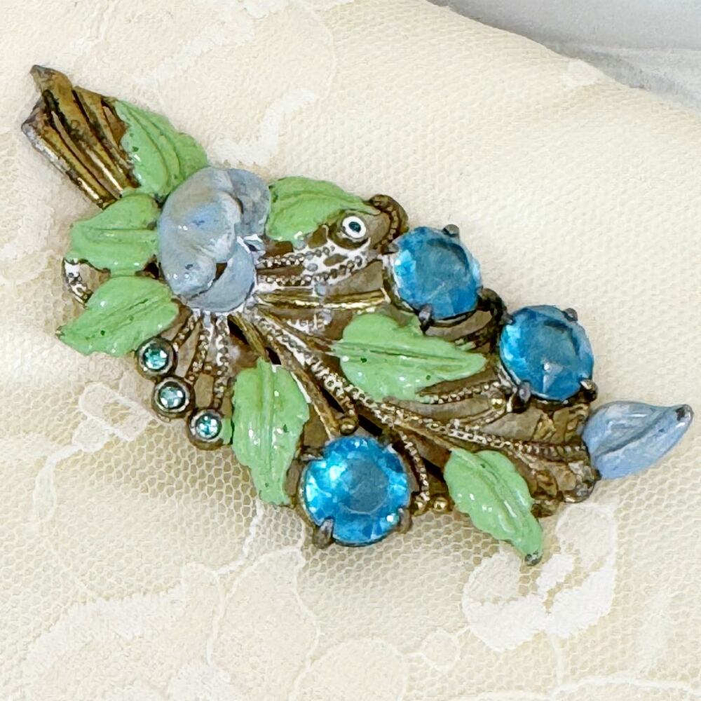 Vintage 1950s Floral Garden Brooch Blue Glass & Enamel
